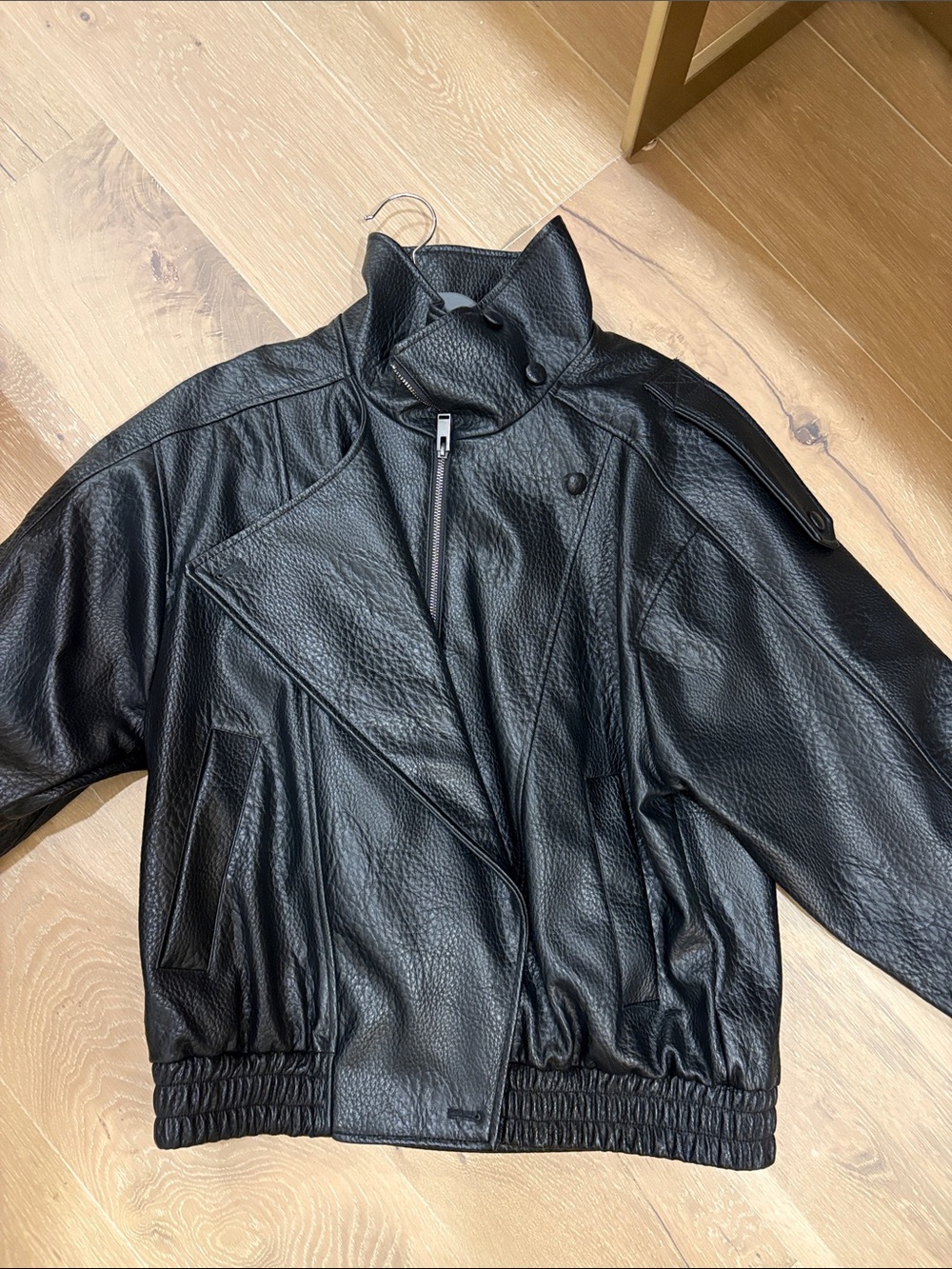 Zara Black Leather Bomber Jacket